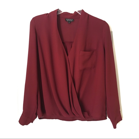 Topshop Tops - TopShop Wine Surplice V-Neck Long Sleeve Blouse